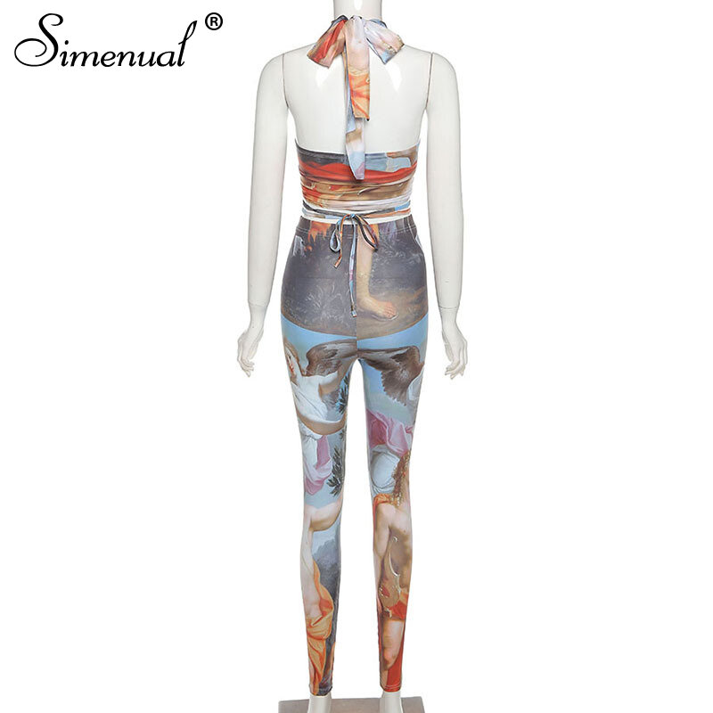 Simenual Bandage Criss Cross Sexy Matching Sets Women Print Halter Top And Pants Two Piece Outfits Summer Fashion Club Party Set