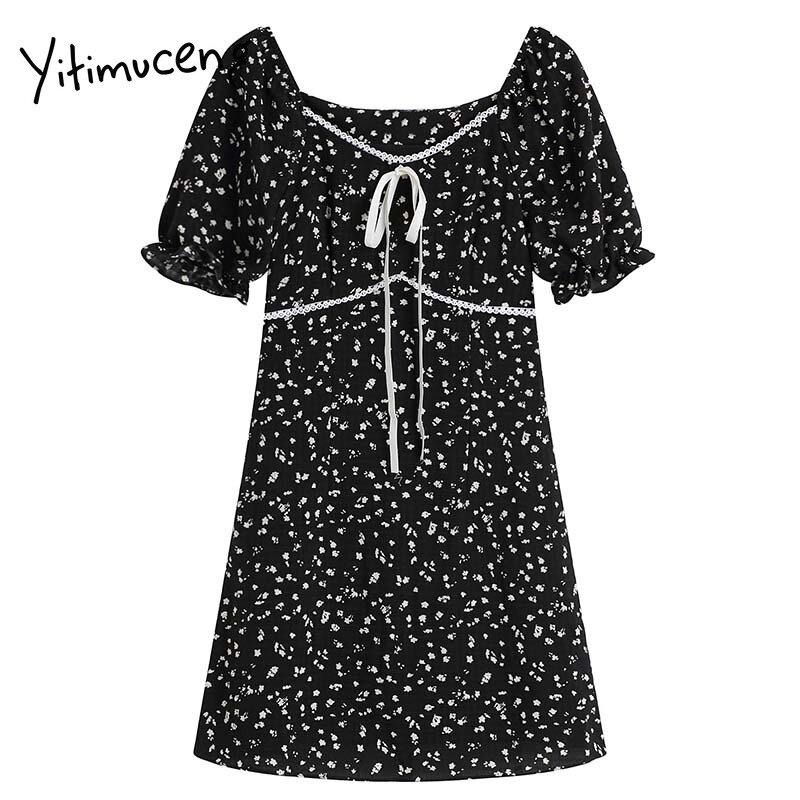 Yitimuceng花柄ドレス女性夏の弓のレースアップパフスリーブハイウエストaライン黒アプリコット2021韓国のファッションドレス