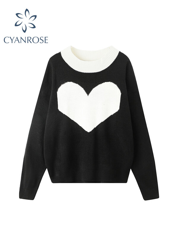 Autumn Women Sweet Heart Print Knitted Pullovers Sweaters O-Neck Warm Loose Casual Ins Street Jumpers Harajuku Ladies Tops Teens