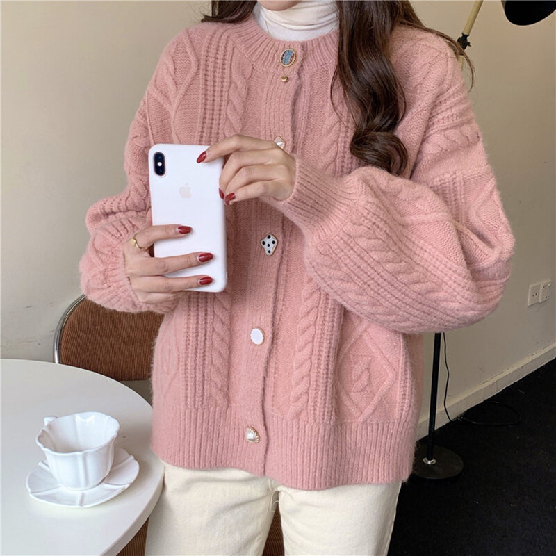 2021 Female Retro Hong Kong Flavor Autumn and Winter Loose Outer Wear Thick All-match Blouse Lazy Wind Single-breasted Sweater