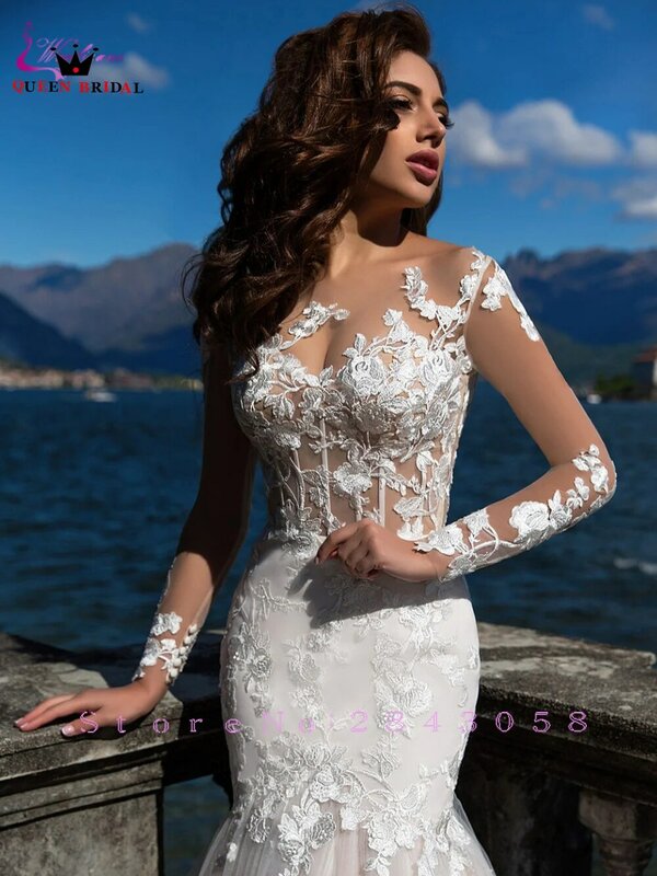 섹시한 인어 긴 소매 웨딩 드레스 Tulle Lace appiques 구슬 장식 공식적인 신부 가운 2022 새로운 사용자 정의 만든 DS132