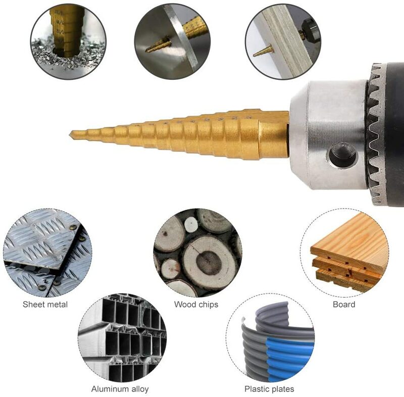 Juego de herramientas de perforación de cono, brocas escalonadas de ranura recta HSS de 4-12mm, 4-20mm, 4-32mm, 3 piezas, cortador de agujeros de Metal y madera recubierta de Titanio