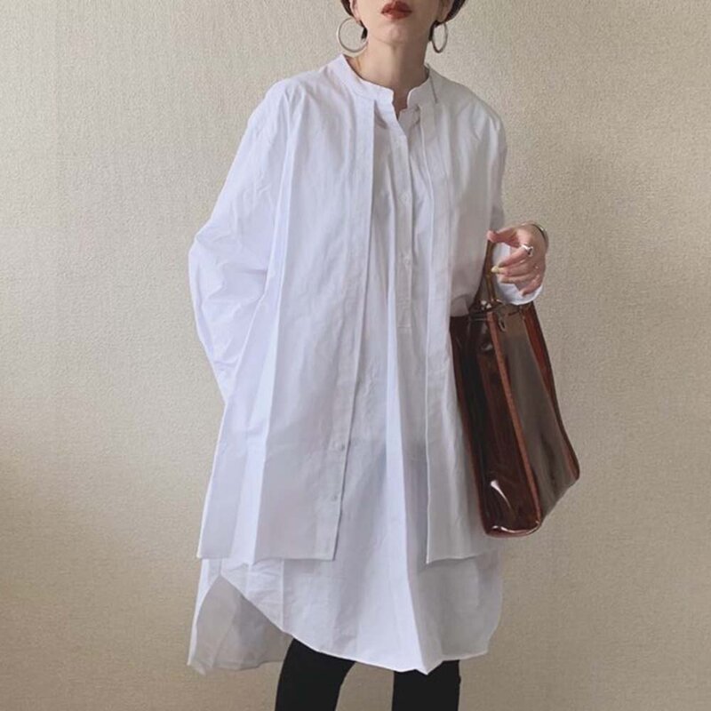 Женская блузка с длинным рукавом, Белый Свободный пуловер составного кроя с имитацией двух предметов, корейский стиль, весна-лето 2021