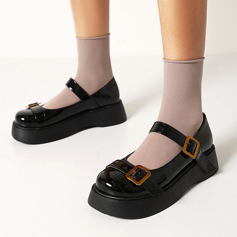 Zapatos Mary Jane de plataforma con hebilla para mujer, calzado plano de punta redonda y tacón grueso, color Beige, 41 42