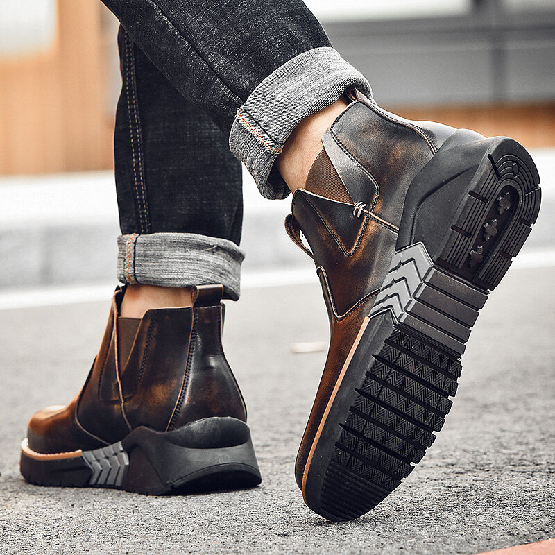 Bottines Chelsea en cuir véritable pour homme, chaussures à plateforme, chaudes et décontractées, nouvelle collection hiver
