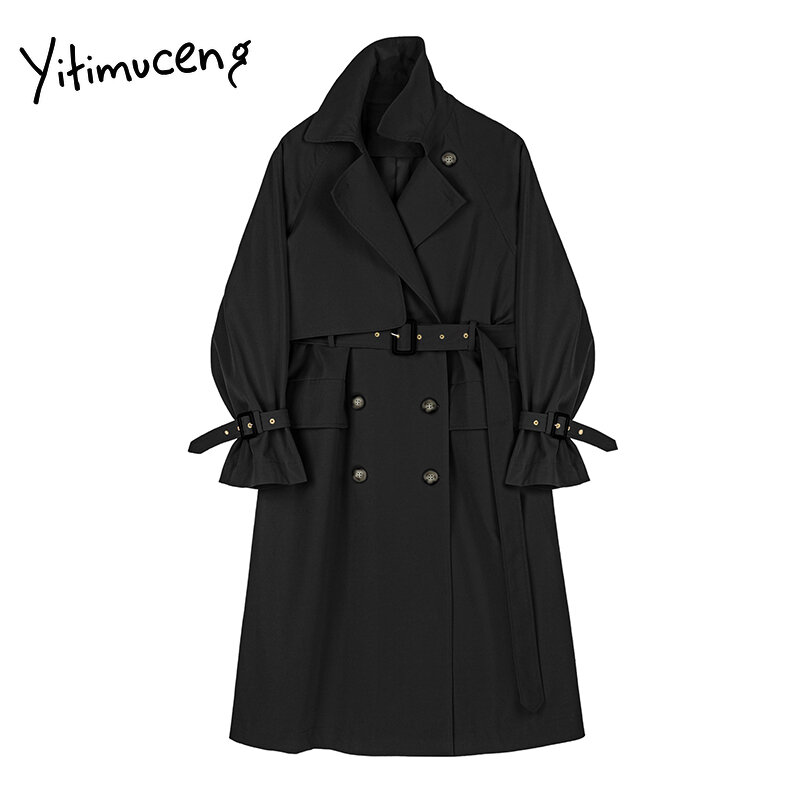 Trench Yitimuceng con cintura doppio petto semplice classico lungo femminile giacca a vento donna primavera autunno cachi giacche nere