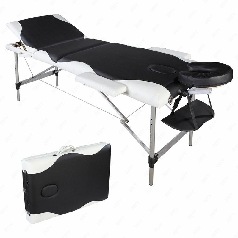 Mesa de masaje plegable de 3 secciones, tubo de aluminio, SPA, culturismo, color negro con borde blanco, 185x60x81cm