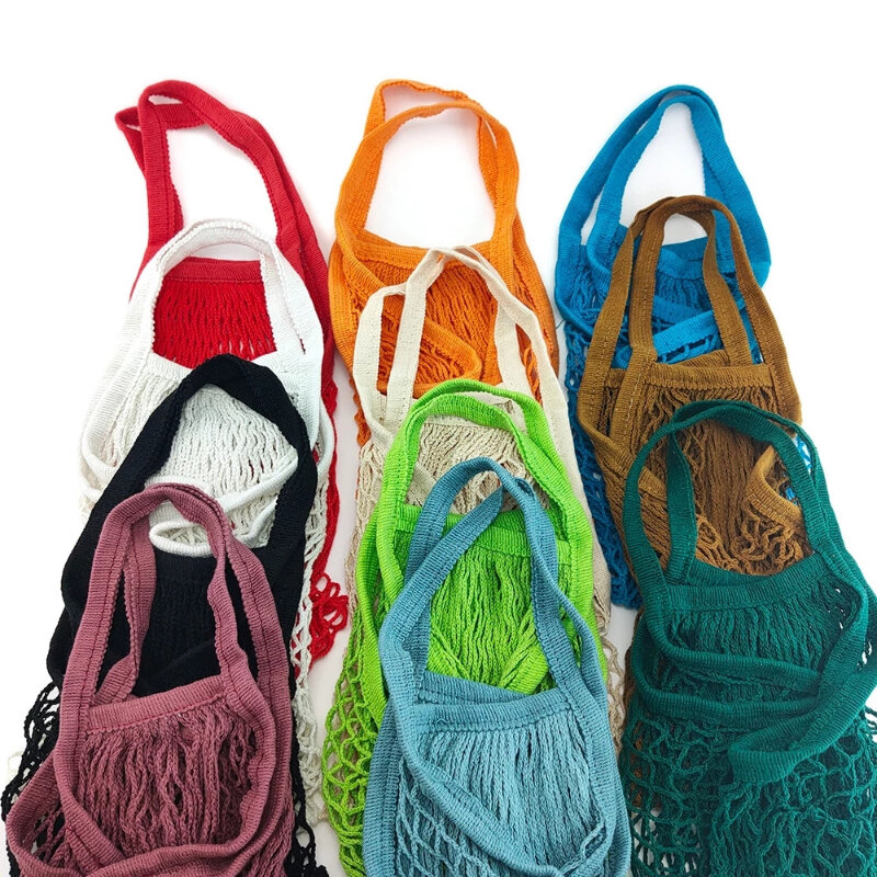 ショッピングタートル-女性用コットンニットハンドバッグ,長持ちするハンドル付きショッピングバッグ,果物と野菜の再利用可能なトートバッグ