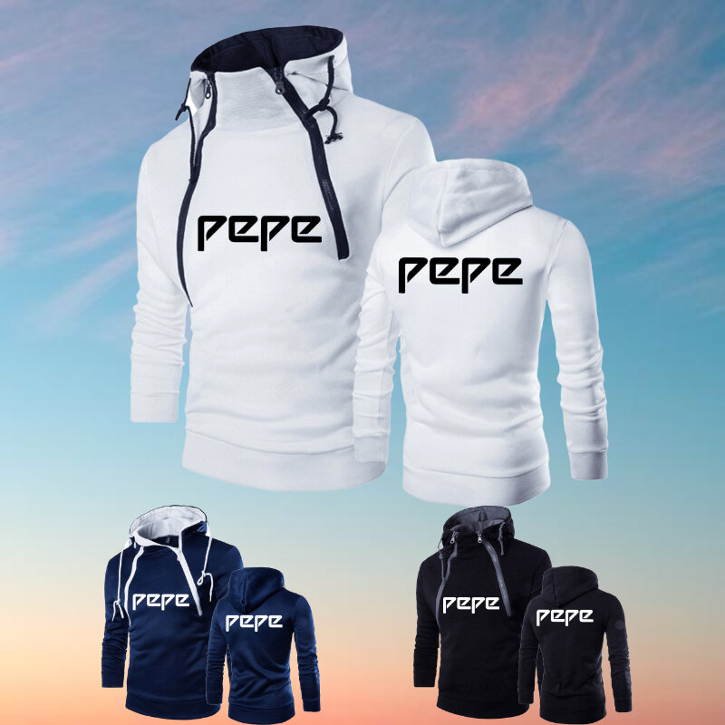 Men's Pepe Print Hoodie Solid Color Windproof Motorcycle Wear Fall Winter Long Sleeve Double-stranded Zipper Sweatshirt