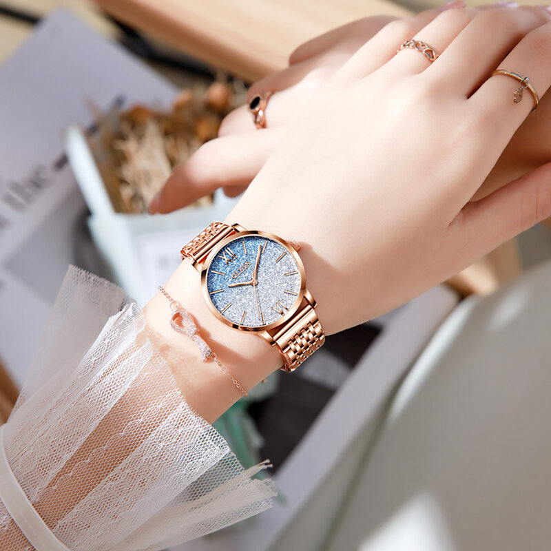 Reloj de pulsera de cuarzo para mujer, accesorio de marca de lujo, resistente al agua, de acero inoxidable, oro rosa, cielo estrellado, informal