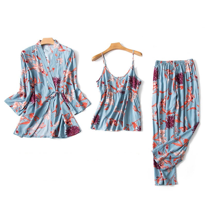 Conjunto de pijamas con estampado Floral para mujer, ropa de dormir con Tops y pantalones cortos de viscosa, para primavera y verano, 3 piezas