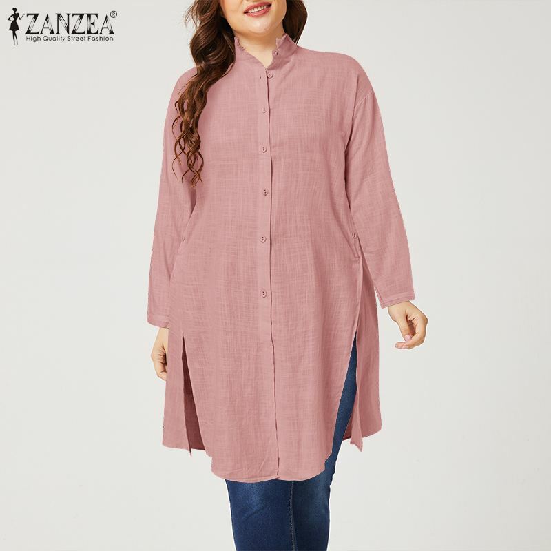 Женская длинная рубашка ZANZEA с воротником-стойкой, осенняя хлопковая блузка с длинным рукавом и пуговицами, повседневные свободные блузы, однотонная туника, Топ