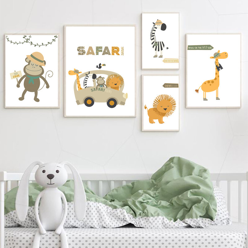 Pintura en lienzo de León, mono, cebra, jirafa, guardería, arte de pared, carteles nórdicos e impresiones, imágenes de pared, decoración de habitación de bebé para niños