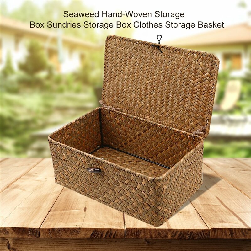 Alga mão-tecido caixa de armazenamento desktop artigos diversos cesta de armazenamento cesta de acabamento com tampa do navio da gota