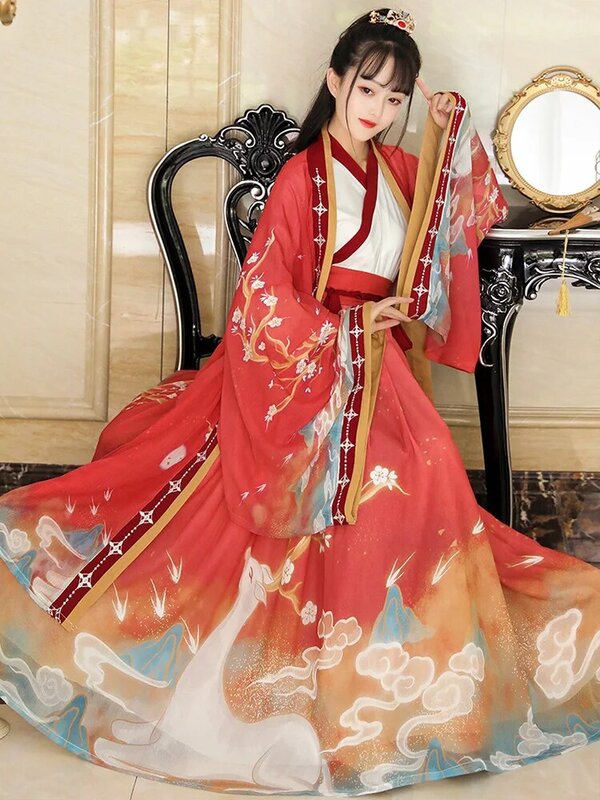 Hanfu المرأة النمط الصيني الأصلي الربيع والخريف عبر طوق الخصر طول مطوي تنورة اليومية القديمة زي فستان جنية