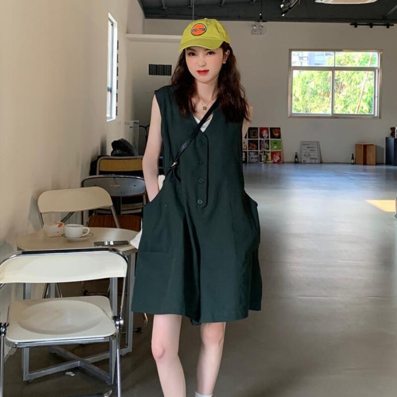 Romper Wanita Musim Panas Solid 2 Warna Mode Sederhana Longgar Gaya Korea Streetwear Pelajar Lucu Santai Cocok untuk Semua Pasangan Bersirkulasi