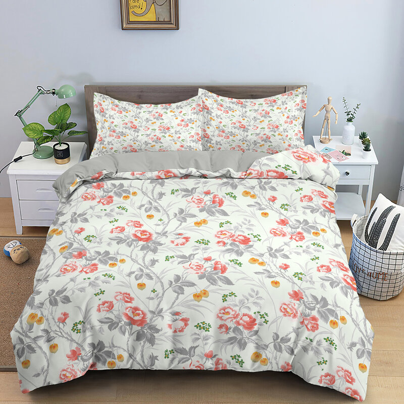 Juego de ropa de cama con estampado de flores, edredón con funda de almohada, tamaño individual/King/Queen para dormitorio de niños