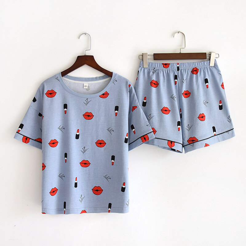 Conjunto de pijama de algodón con dibujos animados Kawaii para mujer, de 2 piezas ropa de dormir, suave, fina, de manga corta, suelta, para el hogar