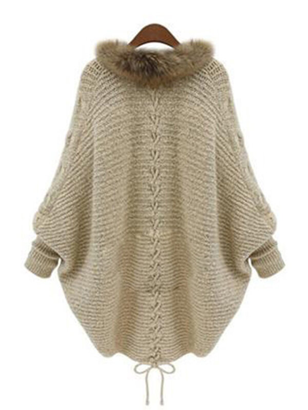 Manteau tricoté pour femmes, Cape, Cardigan d'hiver, fausse fourrure, col en tricot, chaud, hauts Vogue, manches chauve-souris, vêtements d'extérieur, 2020
