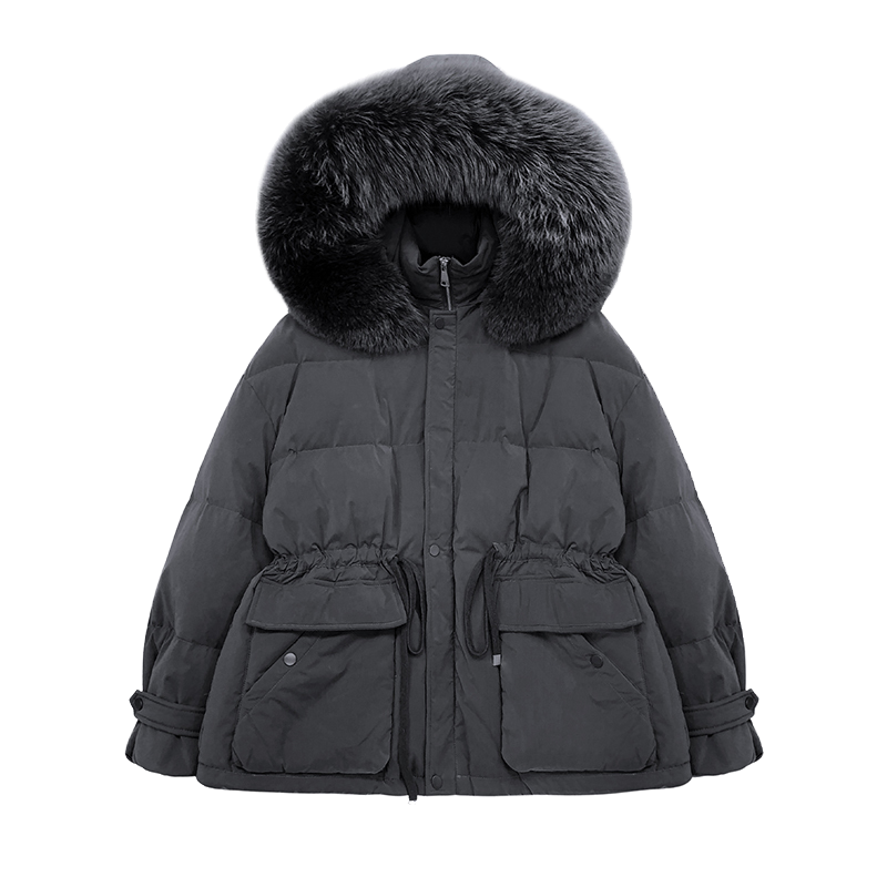 겨울 대형 여우 모피 칼라 후드 자켓 여성 90% 화이트 오리 코트 다운 하이 웨스트 퍼프 슬리브 아웃웨어 허리 개폐식