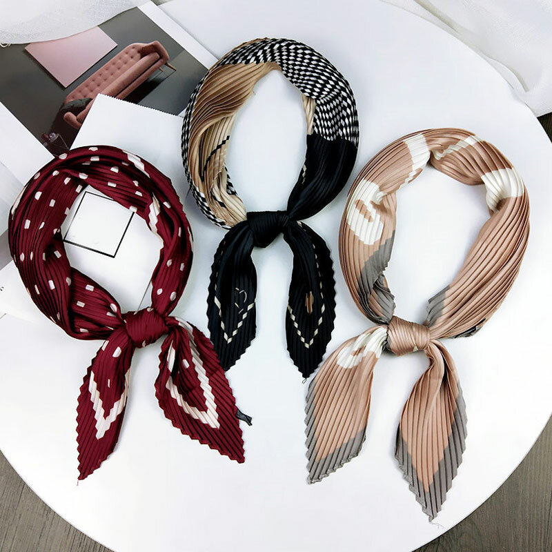 Artificial Silk Printed Neck Scarves Square Scarf Bandana Handkerchief Women Scarf Pleated Scarf Crinkle Scarf Elastic Hair Band