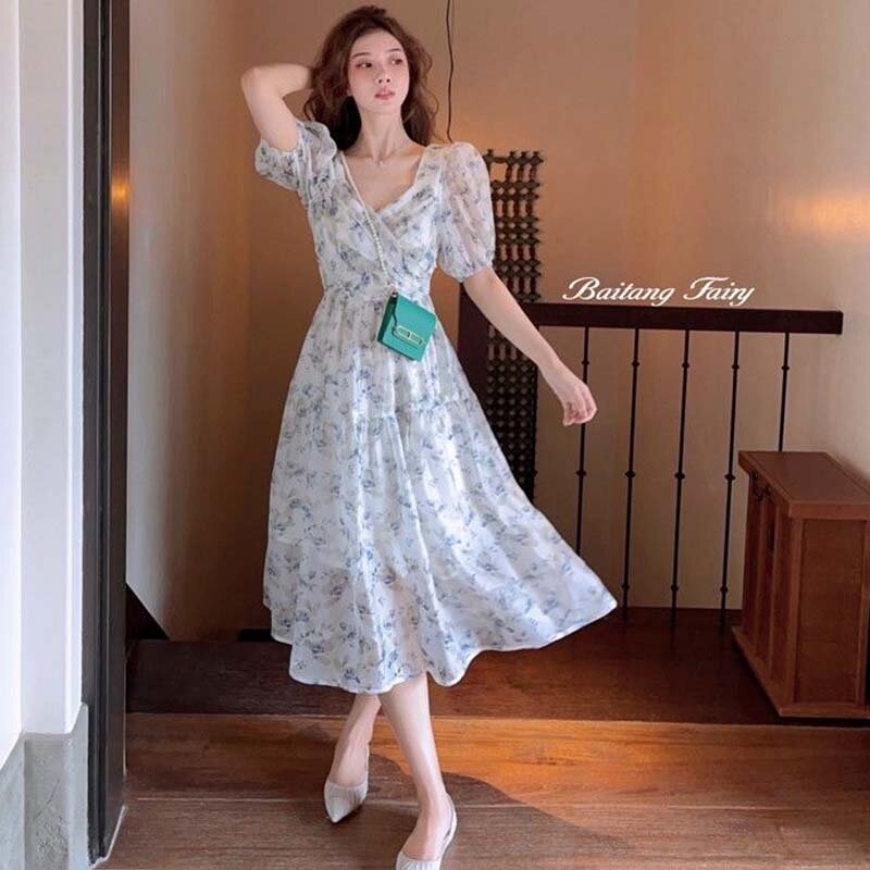 Vestido de verano de una pieza para mujer, elegante vestido coreano de manga corta, Vintage, Floral, para fiesta, Midi, de noche, 2021