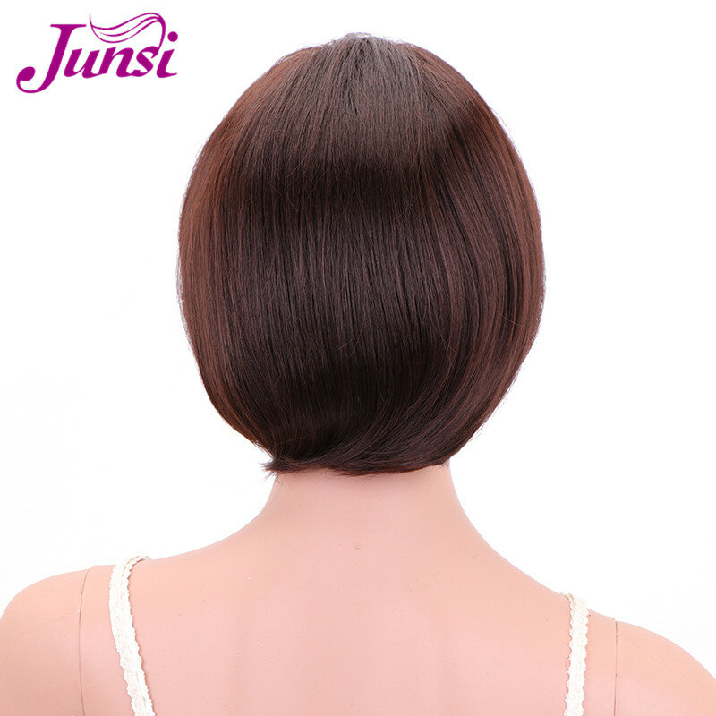 JUNSI  Headband Wig Short Bob Straight Synthetic Wigs Drawstring  Natural Brown Turban Wigs For Women