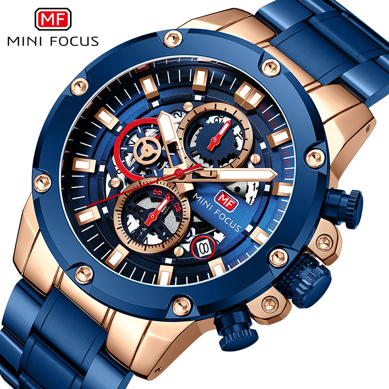 ミニフォーカス水晶ミラーマンの腕時計ビジネスカジュアル防水時計男性発光、カレンダー