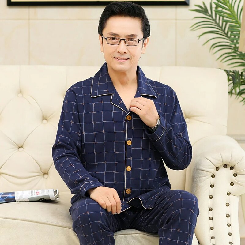Fashion Men V Neck Pajama Casual Solid Home Wear Comfort Cotton Pajama Sets Plus Size Pijama Spring Autumn Middle-aged Pyjama