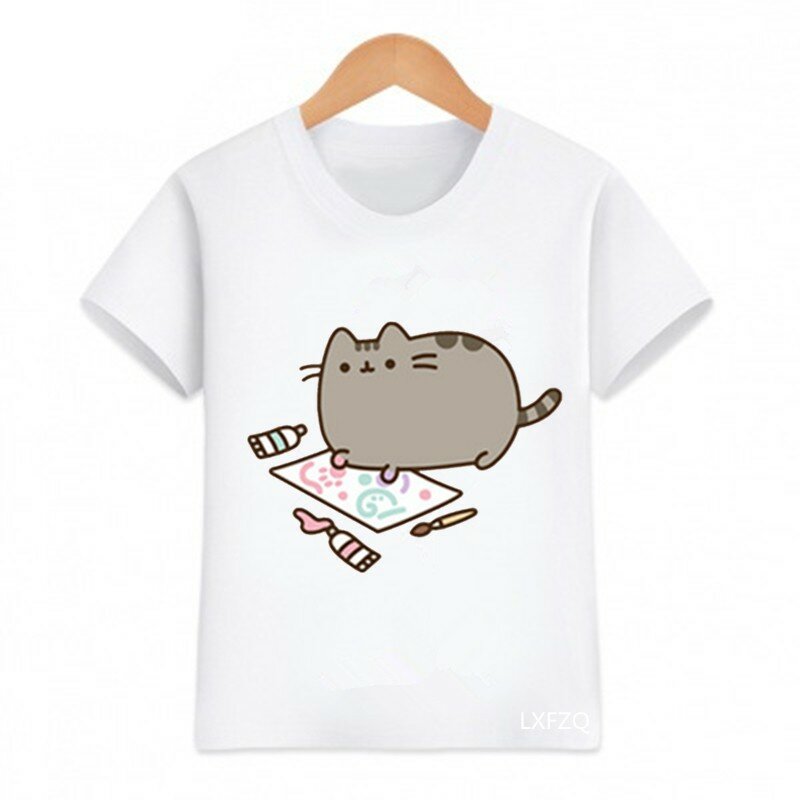 Camiseta de dibujos animados de gato gordo Kawaii para niñas, Tops bonitos de moda para niños, ropa para bebés, ropa divertida para niños