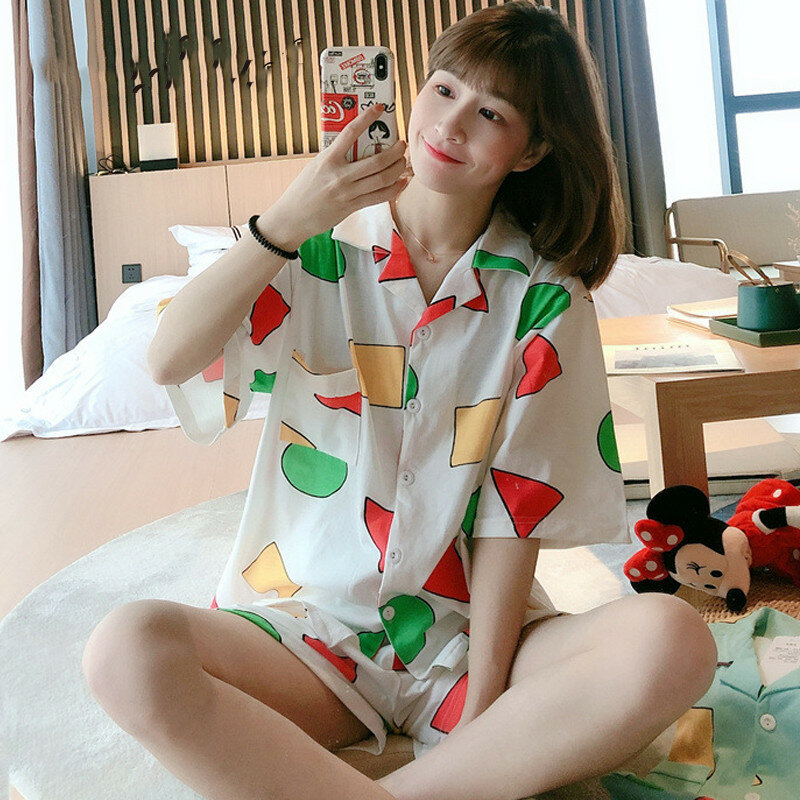 Sinchan conjunto de pijama de verão de manga curta, pijama feminino de algodão estampado fofo, roupa de dormir 2 peças