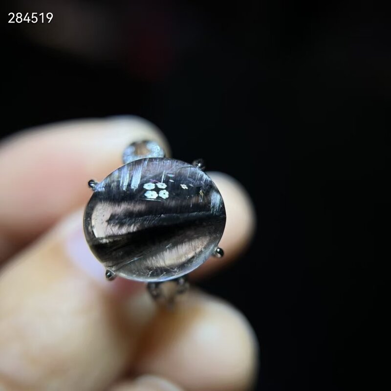 Anello ovale al quarzo rutilato in argento platino nero naturale 13.4/11.7mm rutilato 925 argento donna uomo AAAAA