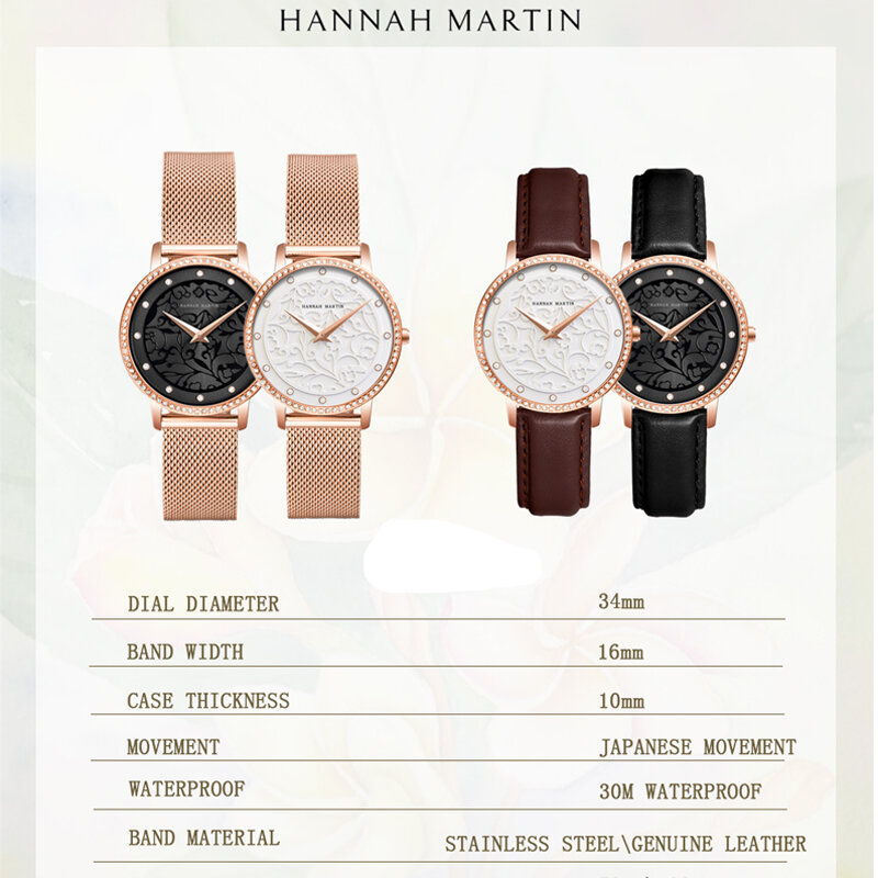 Hannah martin marca feminina relógios de luxo quartzo senhoras relógio com pulseira de couro diamante casual à prova dwaterproof água relógio feminino relogio