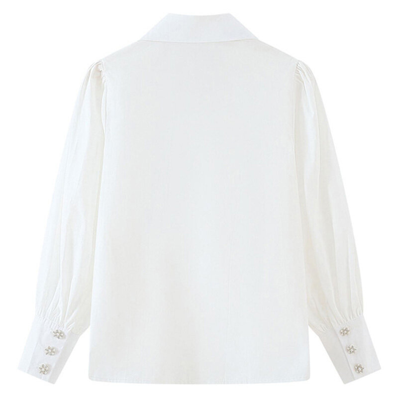 [EAM] femmes strass cloué blanc Blouse nouveau revers à manches longues coupe ample chemise mode marée printemps automne 2021 1DD4510