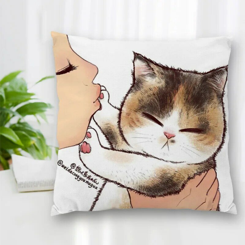 Venda quente personalizado decorativo fronha engraçado arte gato nenhum beijo quadrado com zíper capa de travesseiro melhor presente agradável 20x20cm 35x35cm 40x40cm