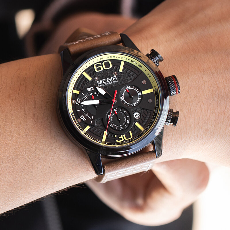 Часы MEGIR мужские с кожаным ремешком, спортивные кварцевые часы с хронографом, в стиле милитари, роскошные Брендовые Часы
