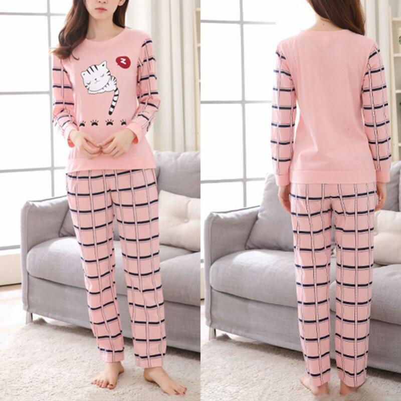 80% Hot Sale Winter Cute Cartoon Cat Print Pajama Set Women Two-pieces Long Sleeve Sleepwear