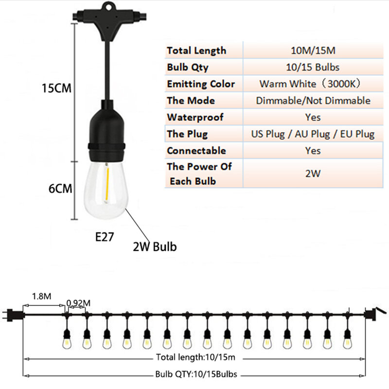 S14 ledストリングライト,10m/15m,レトロフィラメント電球,ガーデンライト,パティオライト,ホリデーライト