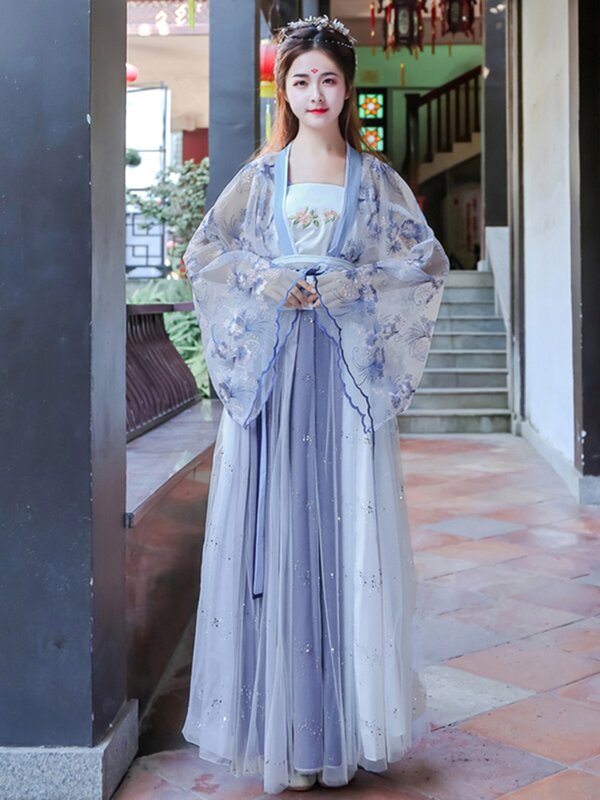 Kostum Tari Klasik Biru Wanita Hanfu Bordir Cina Pakaian Festival Gaun Peri Pakaian Tradisional Hanfu Cosplay Rave