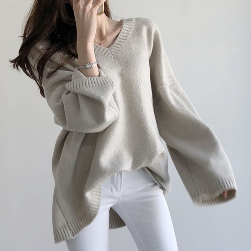 Sweater Womens 2021 Autumn Winter New V-neck Solid Color Long Sleeve Pullover Korean Fashion Casual Simplicity Knitted Women
