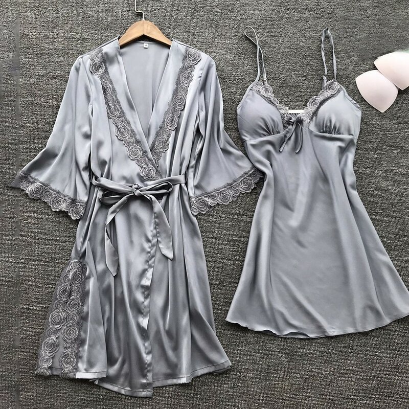 Комплект из 2 предметов нижнего белья Для женщин из ткани, имитирующий шелковый халат, ночная рубашка ночная Пижама Для женщин кружевной отд...