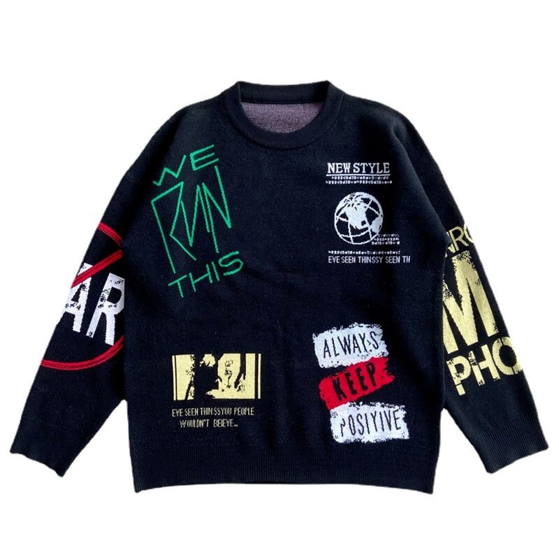 Harajuku – pull tricoté avec lettres Graffiti pour homme, Streetwear de qualité, Hip Hop, surdimensionné, ample et décontracté, M-2XL
