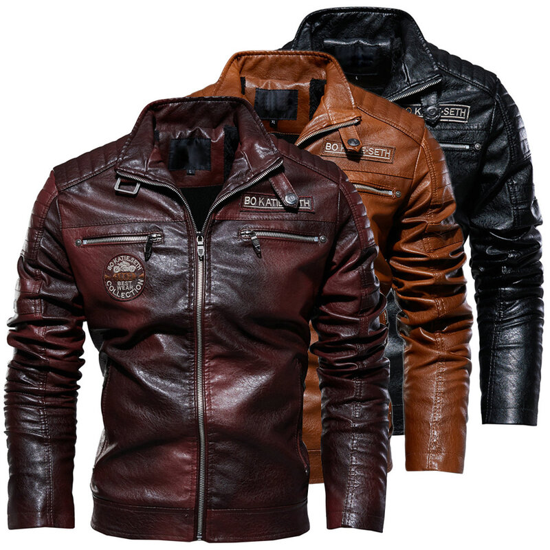 Leather Jacket Men Winter Fleece Motorcycle PU Leahter Jacket Male  Stand Collar Casual Windbreaker Ropa De Hombre Slim Coat 4XL