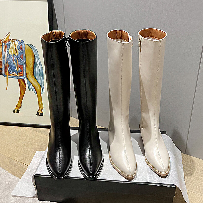 Botas hasta la rodilla de tubo largo para mujer, botines occidentales de tacón alto con punta puntiaguda, Sexy, novedad de otoño 2021, en Stock