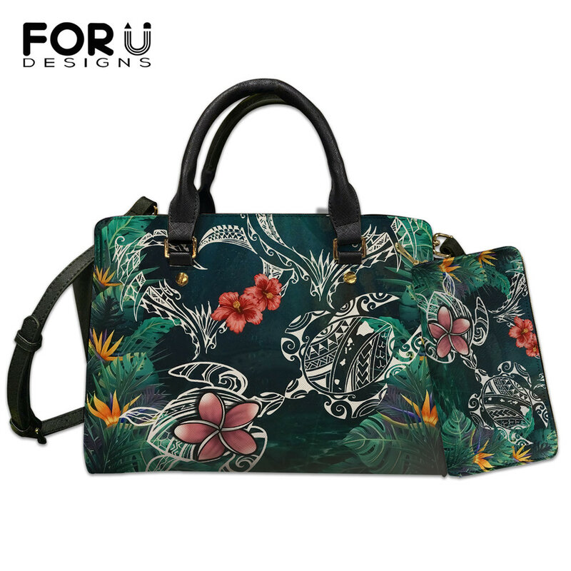 FORUDESIGNS-Conjunto de bolsos y billetera con asa superior, estampado Tropical de tortuga hawaiana, bolso de mano de marca de lujo