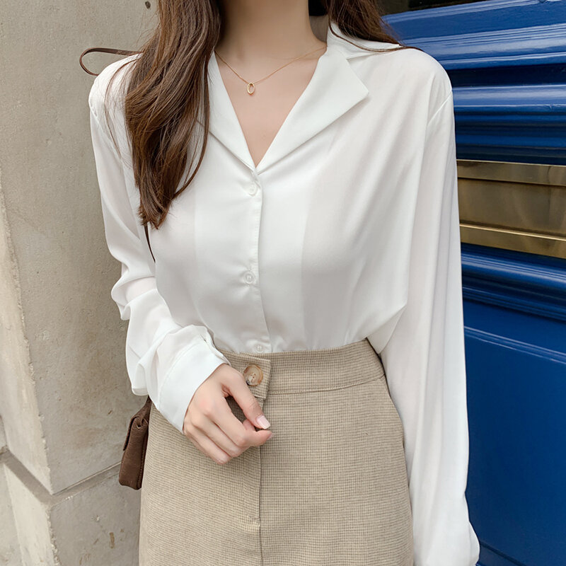 화학 여성복 2020 화이트 블라우스 노치 긴 소매 버튼 셔츠, 한국 패션 여성 의류 가을 2020