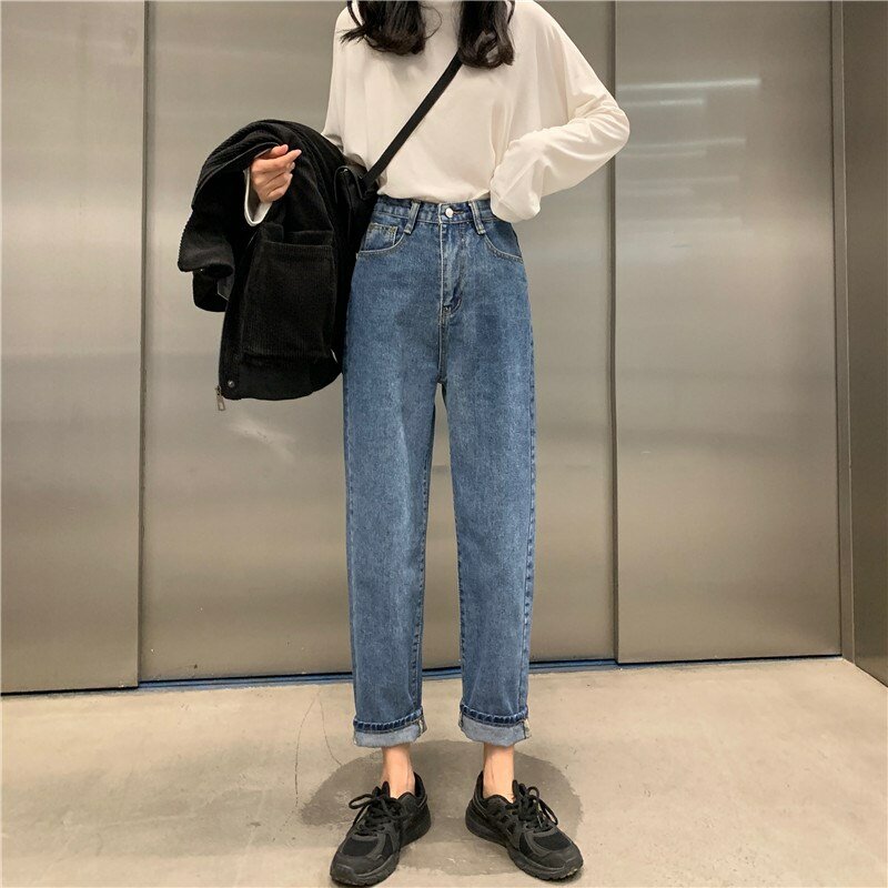 Outono versão coreana 2020 novo magro all-match calças soltas cintura alta reta nove pontos sal jeans feminino fino