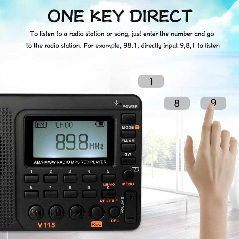 Retekess V115 Fm/Am/Sw Radio Ontvanger Bass Sound MP3 Speler Rec Recorder Draagbare Radio Met Sleep Timer tf Card Draagbare Pocket