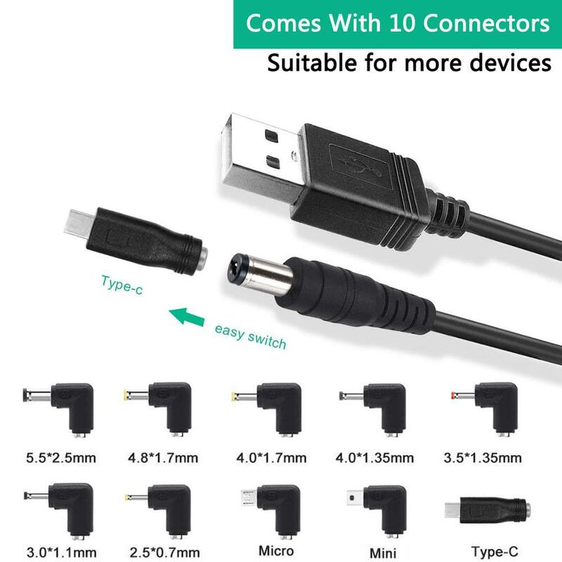 كابل طاقة USB إلى تيار مستمر 5.5 × 2.1 مللي متر ، 10 موصلات ، 5.5 × 2.5 4.8 × 1.7 4.0 × 1.7 4.0 × 1.35 3.5 × 1.35 3.0 × 1.1 2.5 × 0.7