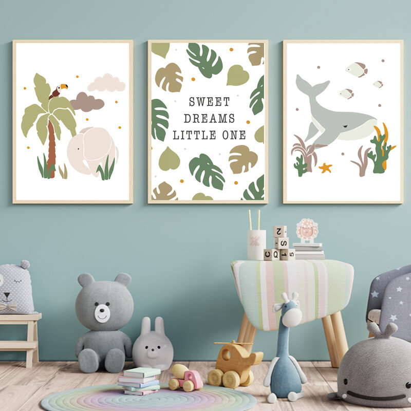 Paus Gajah Burung Pelatuk Huruf ABC Kustom Seni Dinding Lukisan Kanvas Poster Nordic dan Cetak Gambar Dinding Anak-anak Dekorasi Kamar Bayi